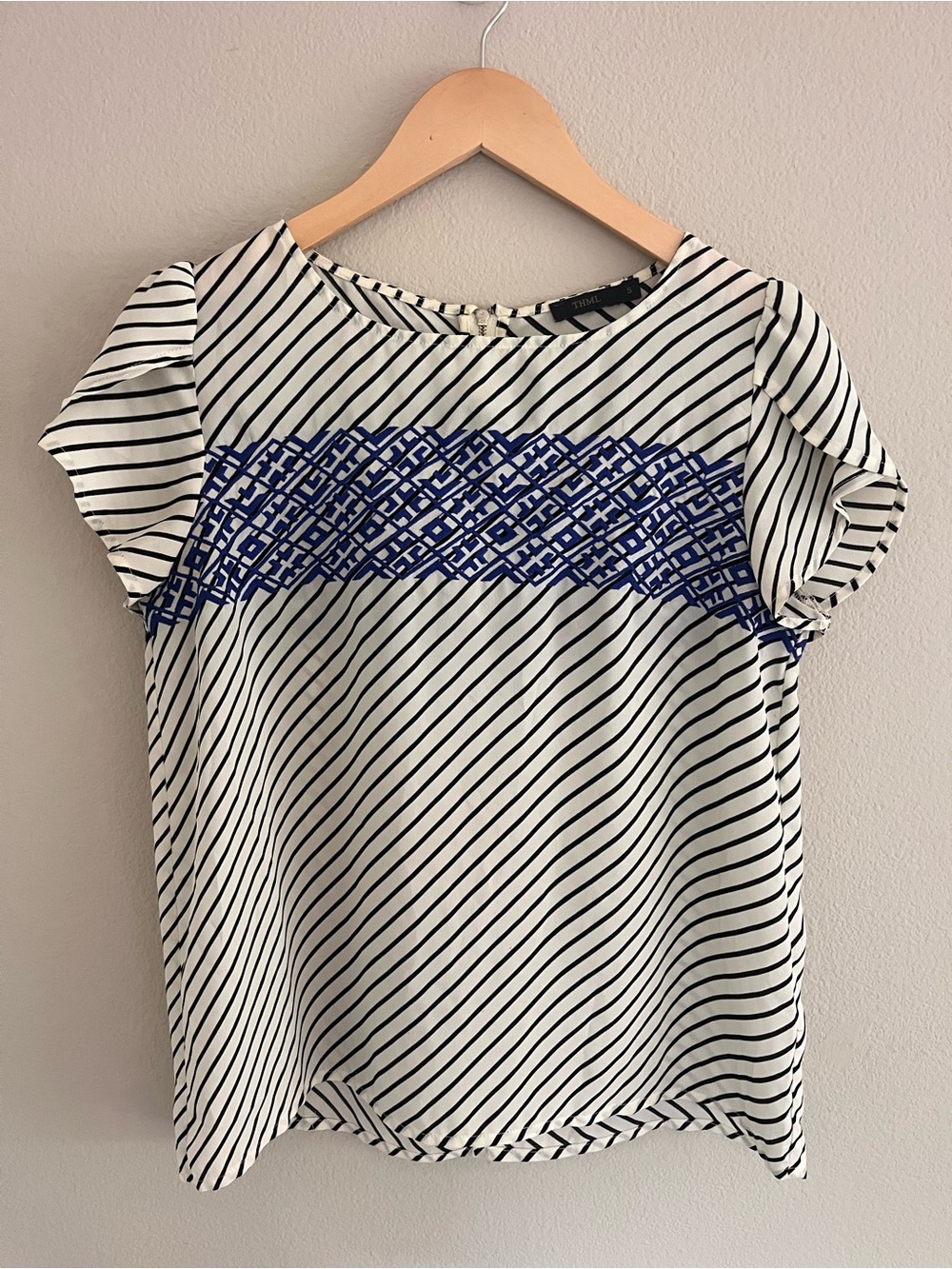 THML Black and White Striped Blue Embroidered Tulip Sleeve Top Size Small